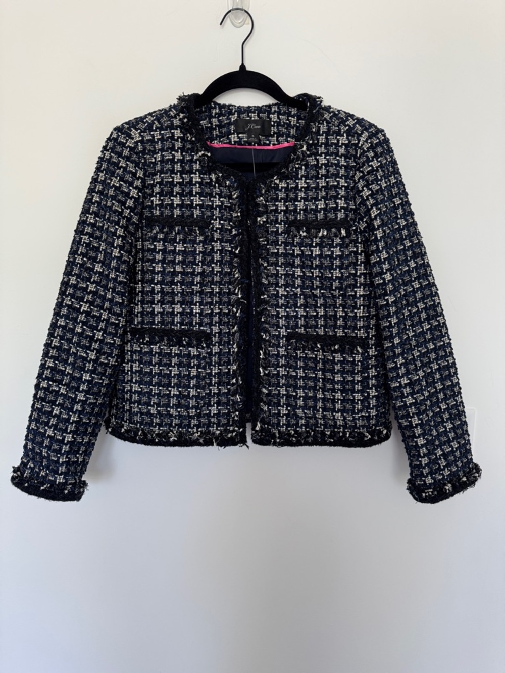 J. Crew Navy Blue, Black and White Tweed Fringe-Trim Jacket - Size 6